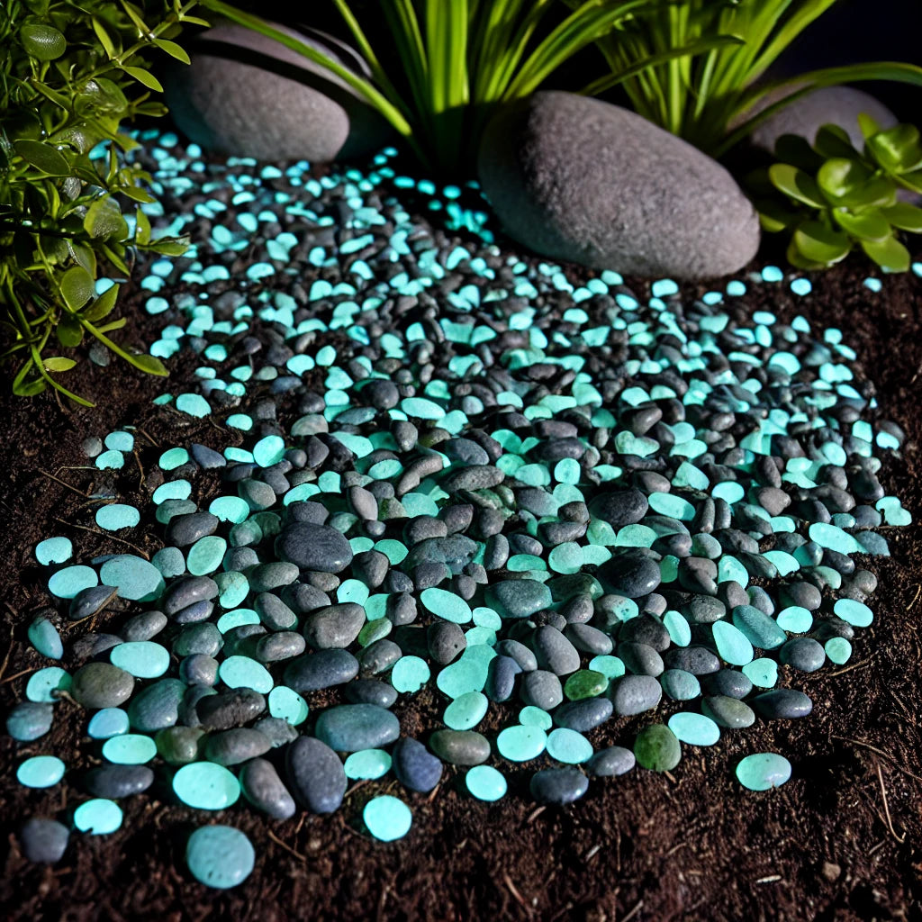 Close-up of It Glows glow-in-the-dark stones in a pathway, emitting a soft aqua-blue-green light.