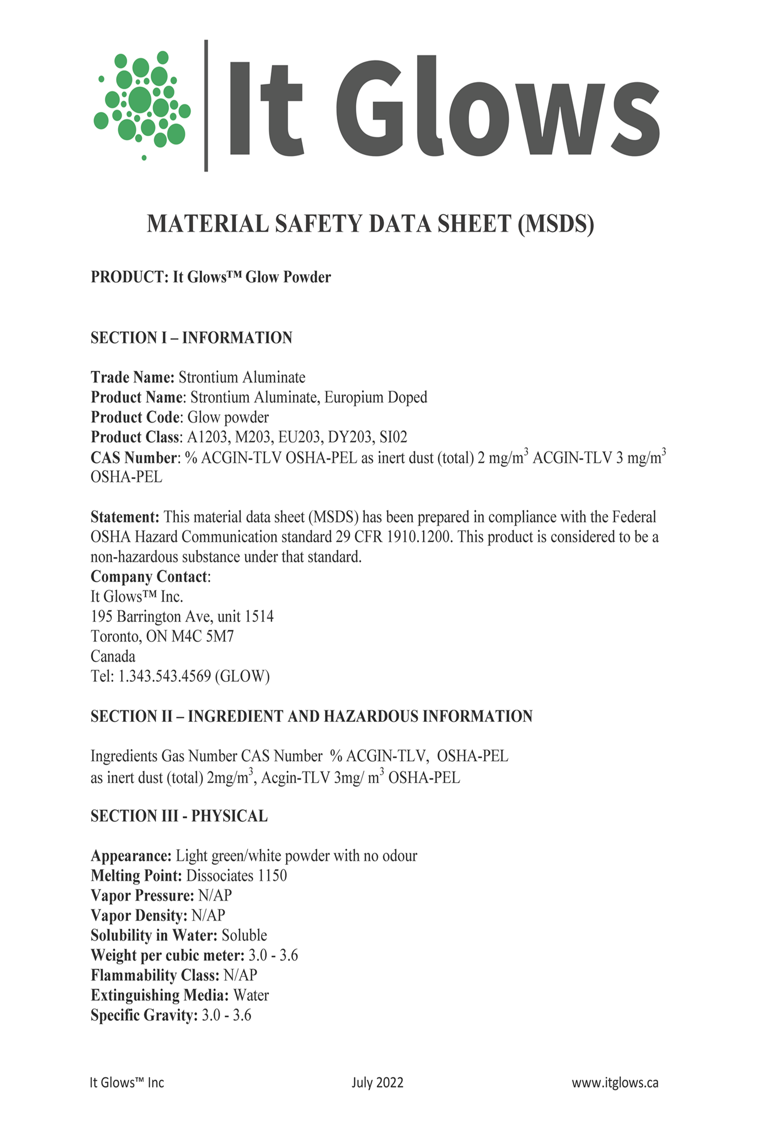 MSDS Glow in the Dark  Stones
